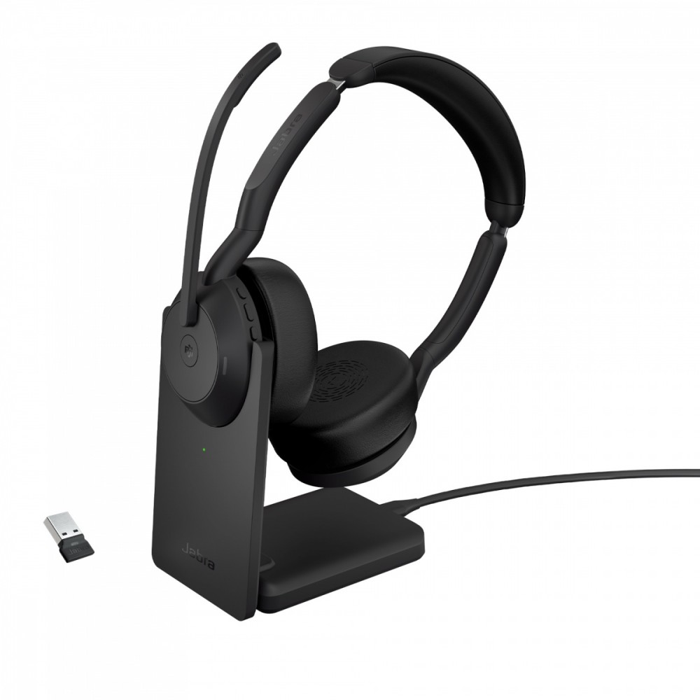 Jabra evolve2 55 laidinės ir belaidės ausinės biurui/centrui, bluetooth, galvos juosta, juodos, mikrofonas ant lankelio