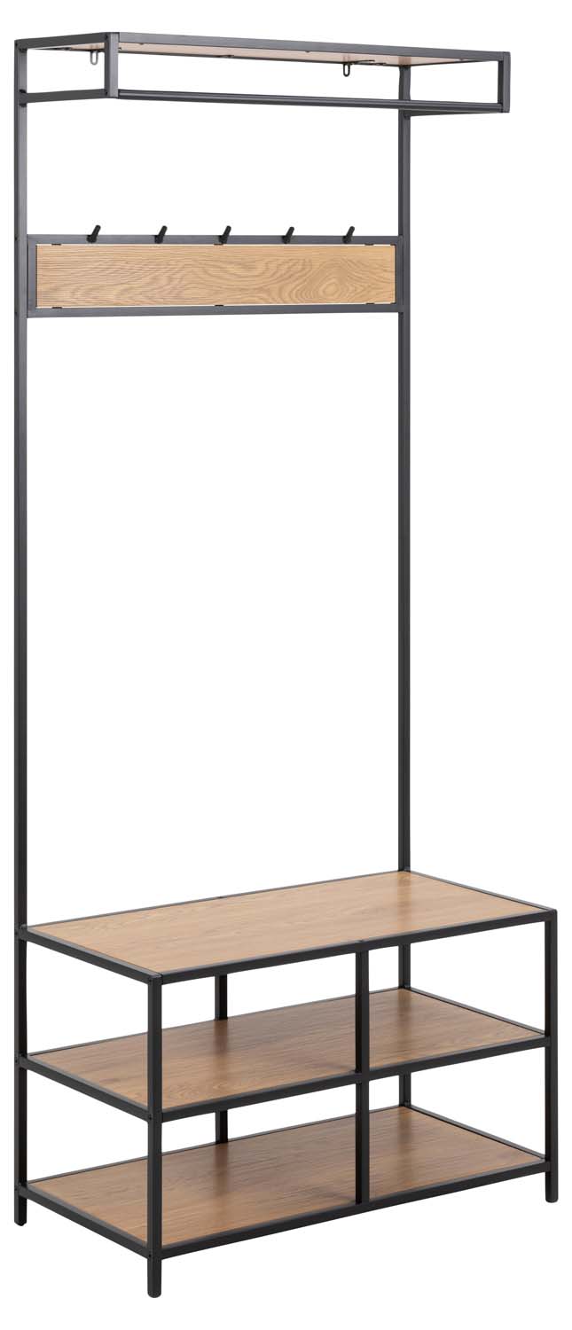 Prieškambario kabykla su 5 kabliukais ir batų lentyna, juoda / laukinio ąžuolo, 77 x 40 x 185 cm