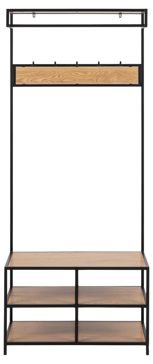 Prieškambario kabykla su 5 kabliukais ir batų lentyna, juoda / laukinio ąžuolo, 77 x 40 x 185 cm
