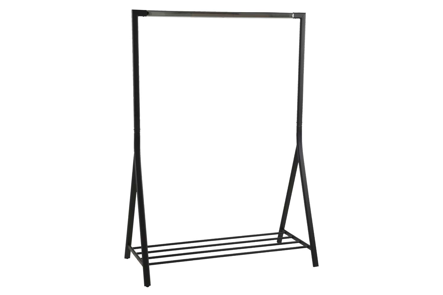 Apģērbu statīvs ar apavu plauktu, melns / hromēts, 117 × 59 × 165 cm