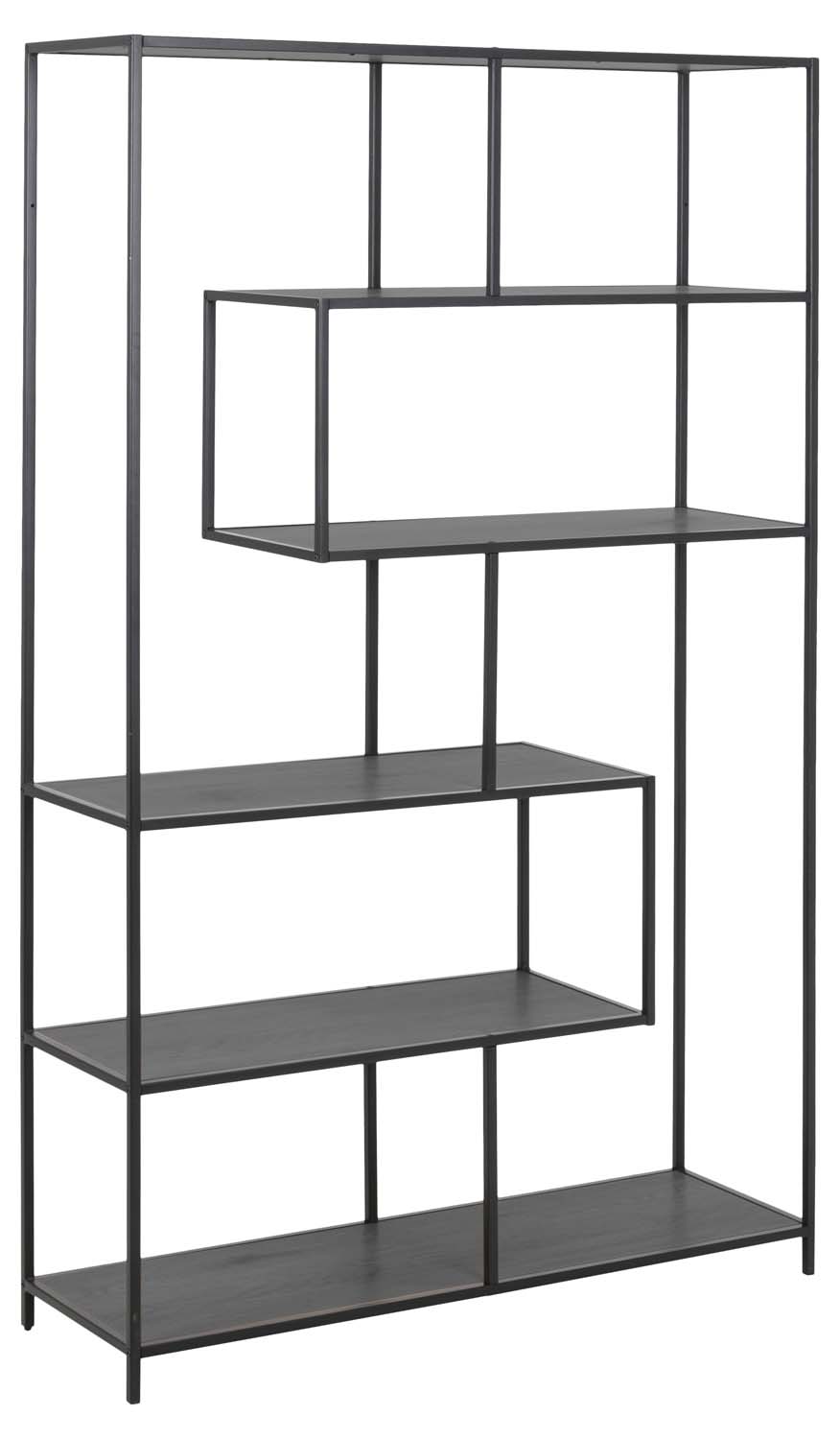 Plaukts ar 5 asimetriskām plauktām, melns, 114 × 35 × 185 cm