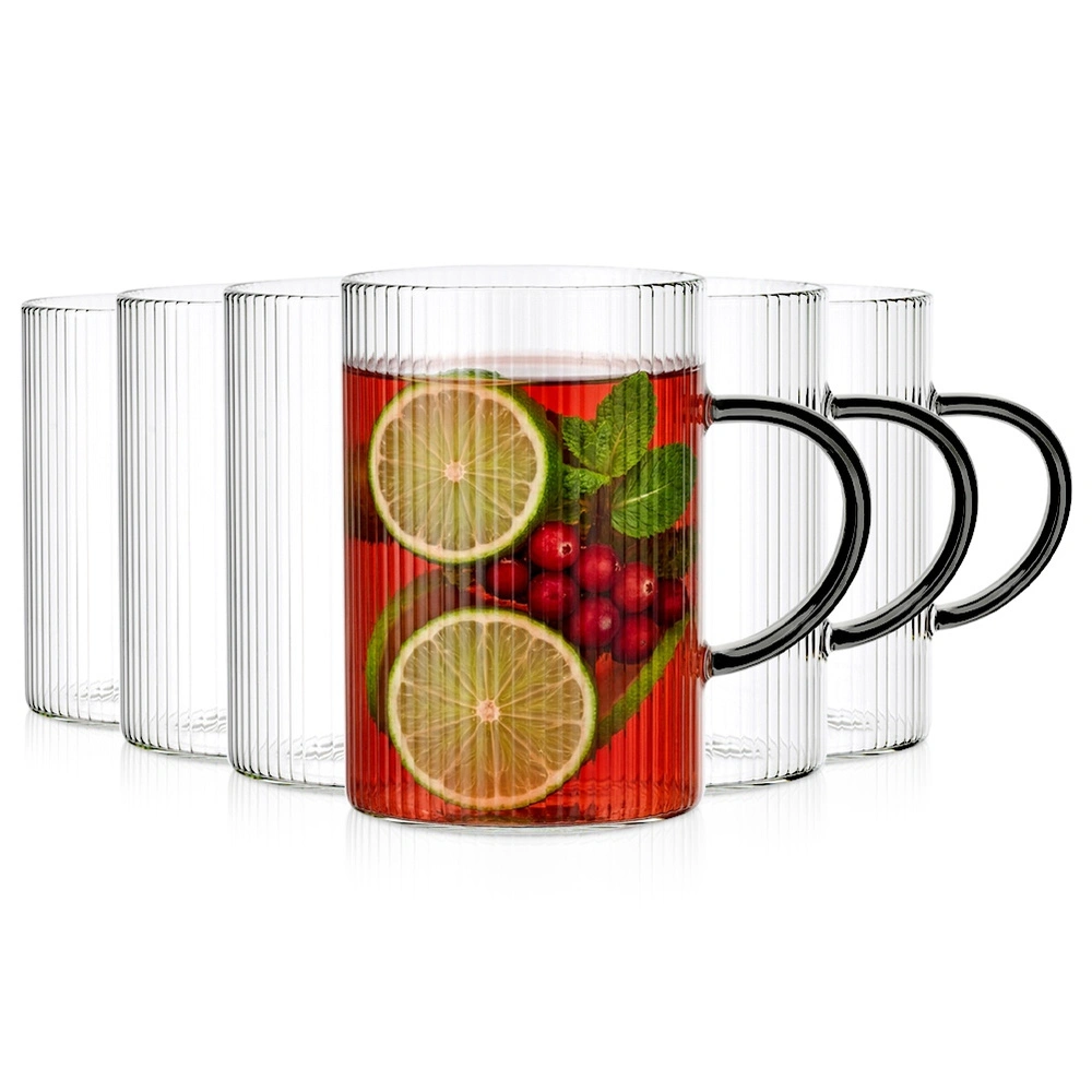 Puodeliai iš borosilikatinio stiklo, 290 ml, su juodomis rankenėlėmis, 10 × 7 × 10 cm, 6 vnt.