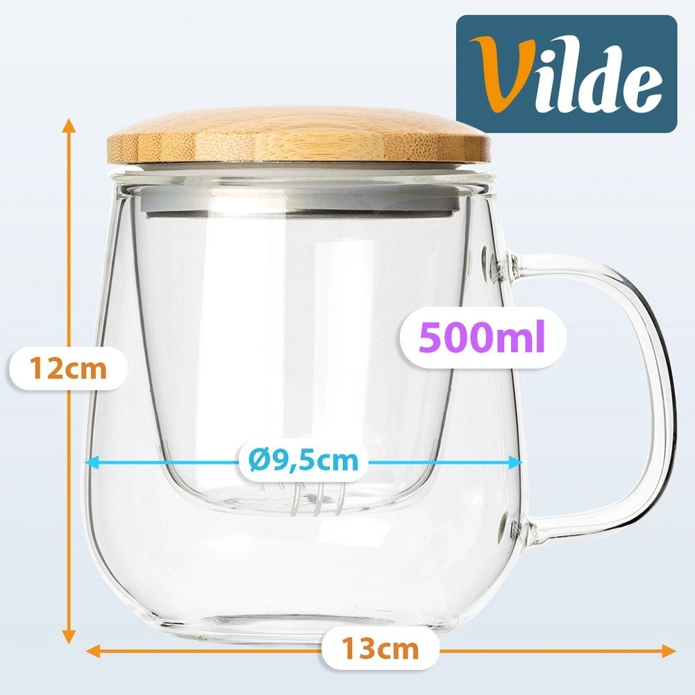 Stiklinis puodelis su sieteliu ir dangteliu, 500 ml, skaidrus, 13 × 9,5 × 12 cm 3