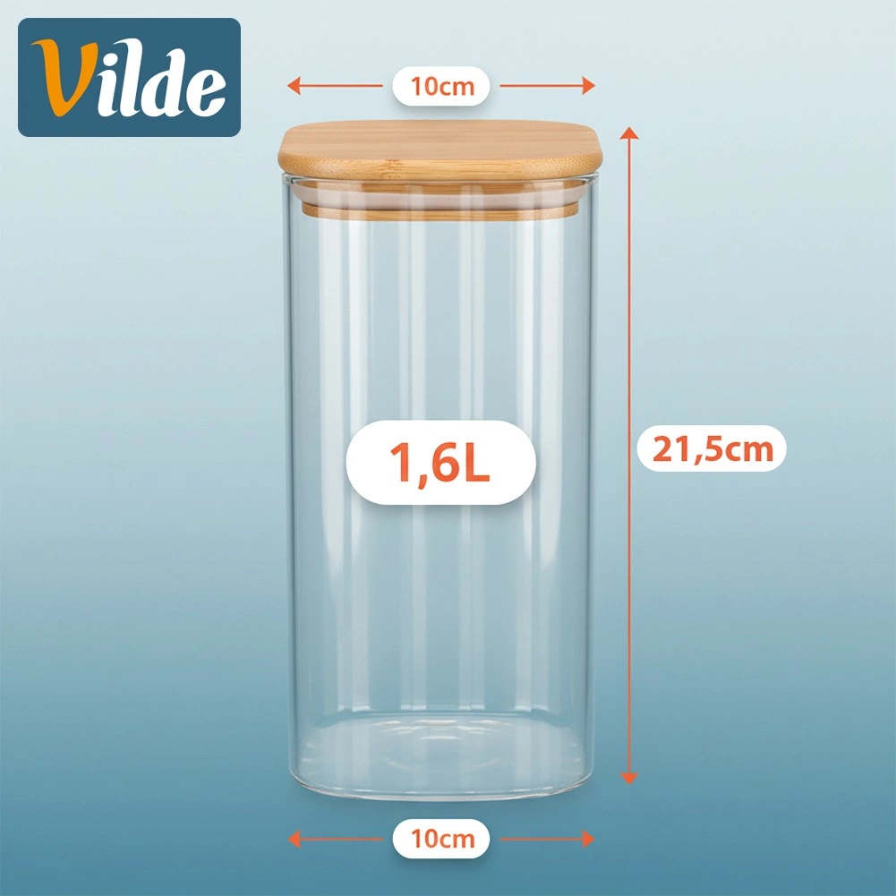 Stiklinis maisto produktų indas vilde su bambukiniu dangteliu ir sandaria tarpine 1,6 l 3