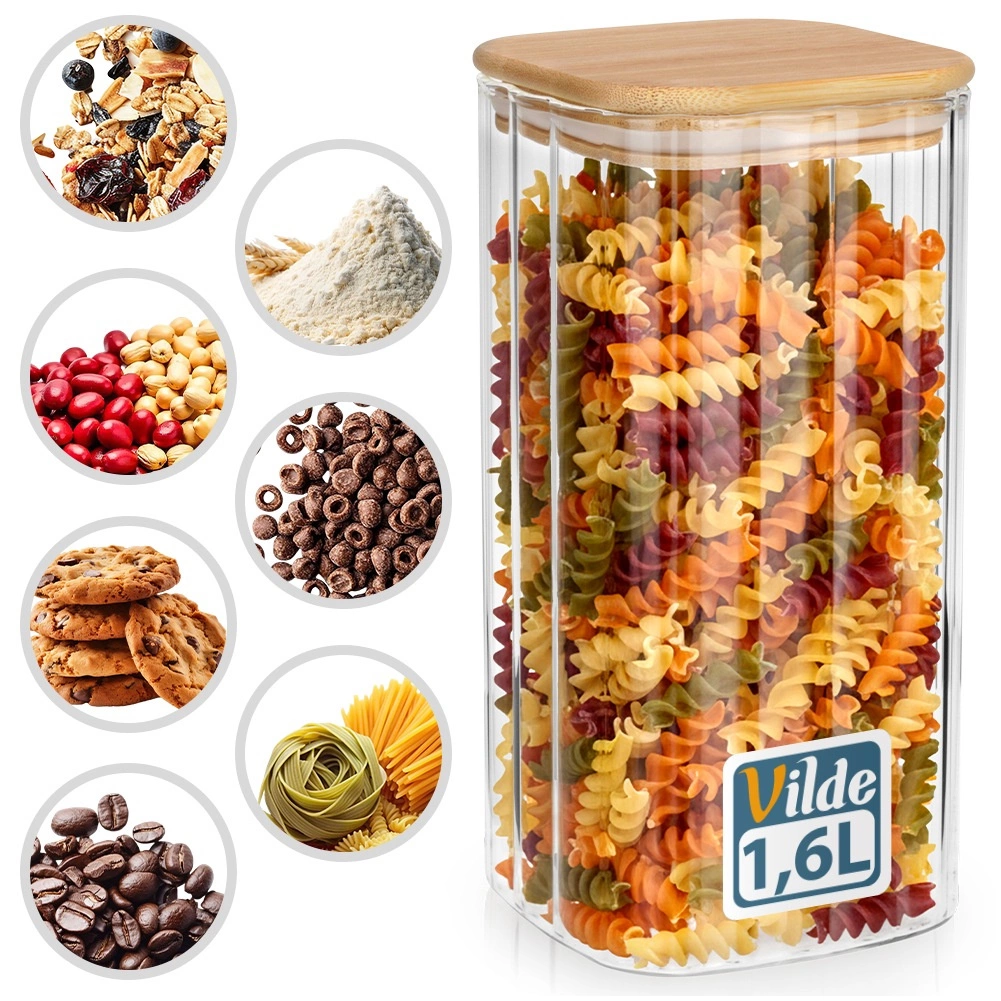 Stiklinis maisto produktų indas vilde su bambukiniu dangteliu ir sandaria tarpine 1,6 l
