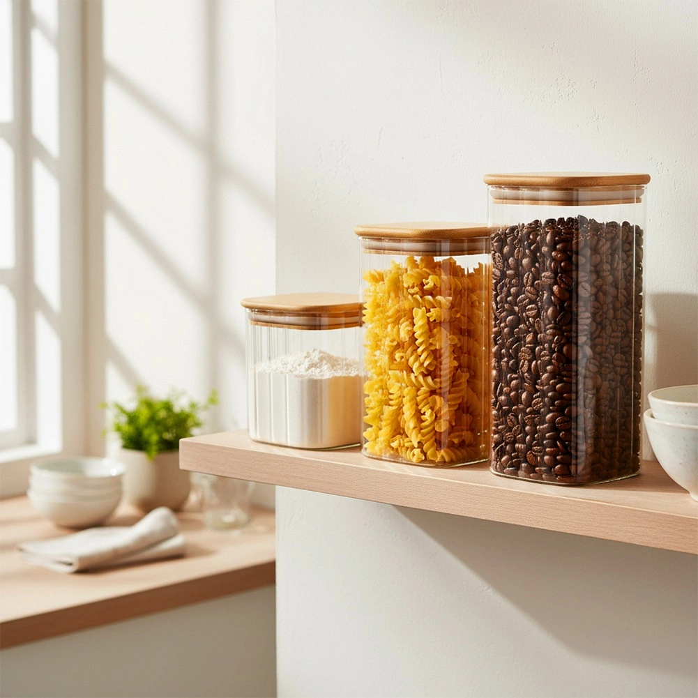 Stiklinis maisto produktų indas vilde su bambukiniu dangteliu ir sandaria tarpine 1,6 l
