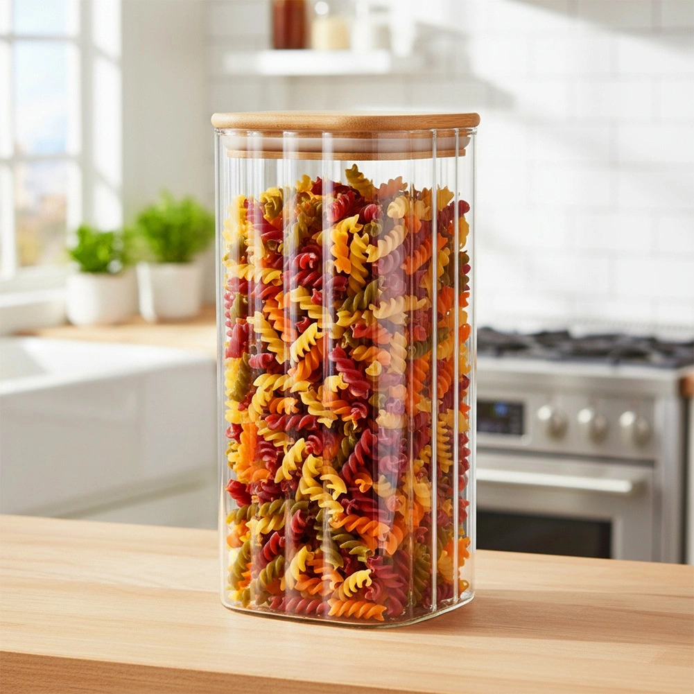 Stiklinis maisto produktų indas vilde su bambukiniu dangteliu ir sandaria tarpine 1,6 l 1
