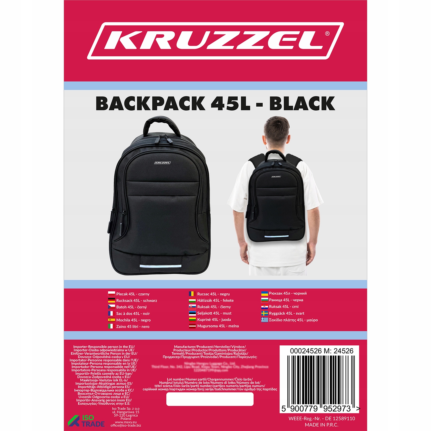Kuprinė 45L - juoda Kruzzel 24526