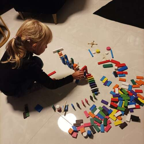 Medinis domino rinkinys su 407 detalėmis ir krepšiu