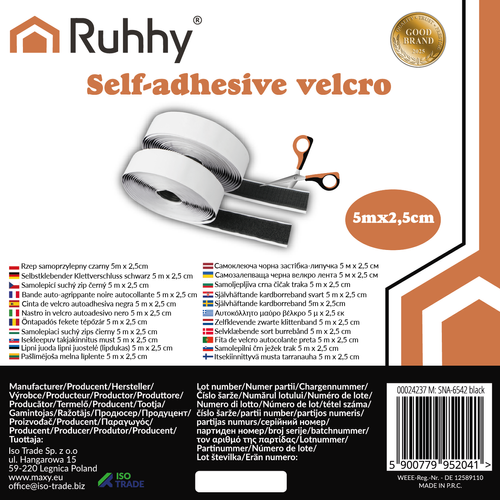 Juoda lipni juosta su kabliukais 2,5 x 500 cm