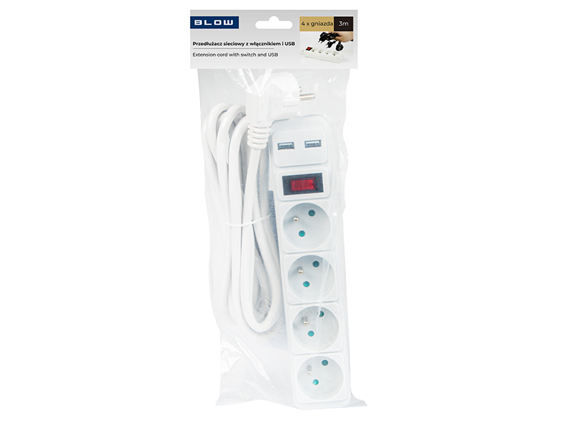 Baltas blow elektros ilginamasis laidas su usb ir įžeminimu, 3m
