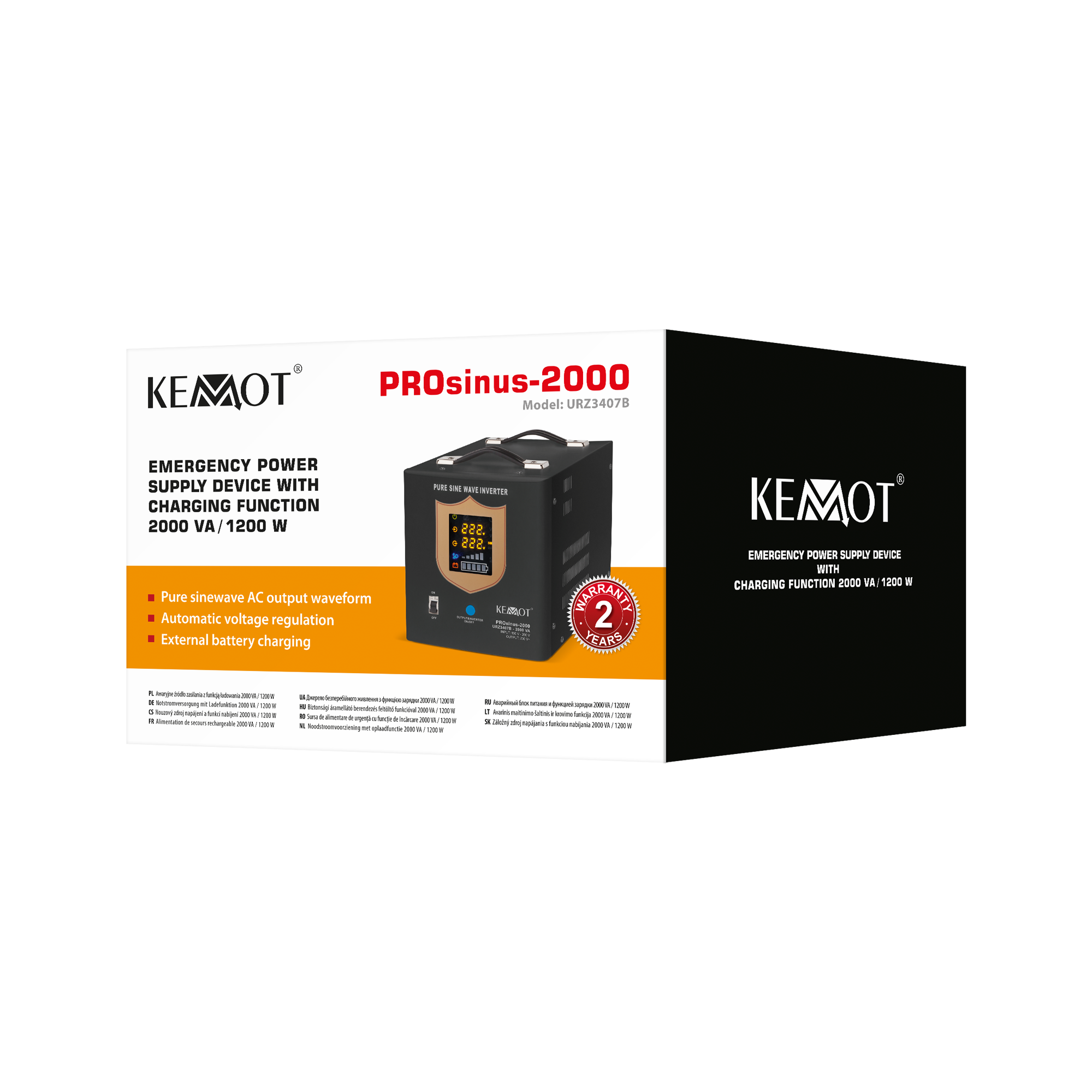 kemot prosinus-2000 avarinis maitinimo šaltinis su grynosios sinusoidės inverteriu ir įkrovimo funkcija 12v 230v 2000va/1200w - juoda spalva