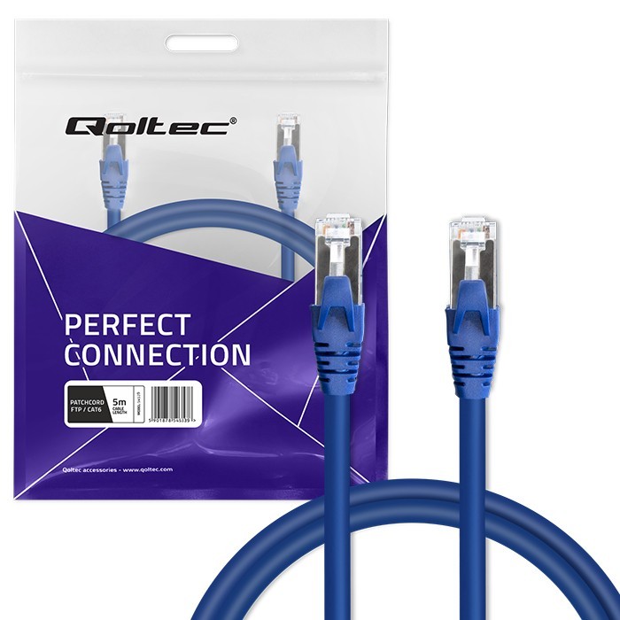 Tinklo laidas kabelis sujungimo ftp cat6 2 x rj-45 5 m didelės spartos auksinis ekranuotas qoltec