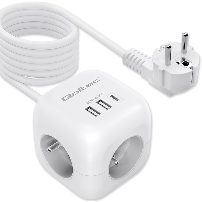 Maitinimo 6v1 prailginimo kubas su apšviestu jungikliu qoltec 3x ac 2x usb 1x usb-c pd 20w baltas kabelis 2 m
