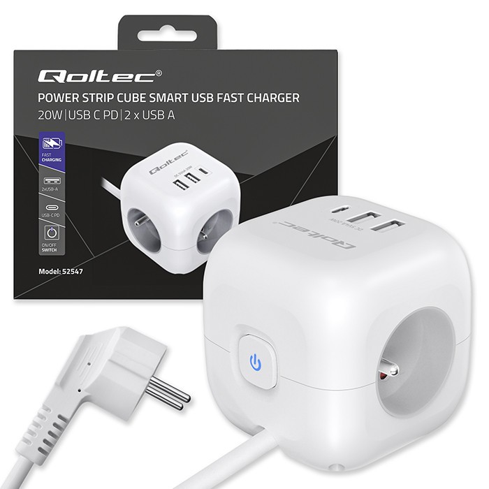 Maitinimo 6v1 prailginimo kubas su apšviestu jungikliu qoltec 3x ac 2x usb 1x usb-c pd 20w baltas kabelis 2 m