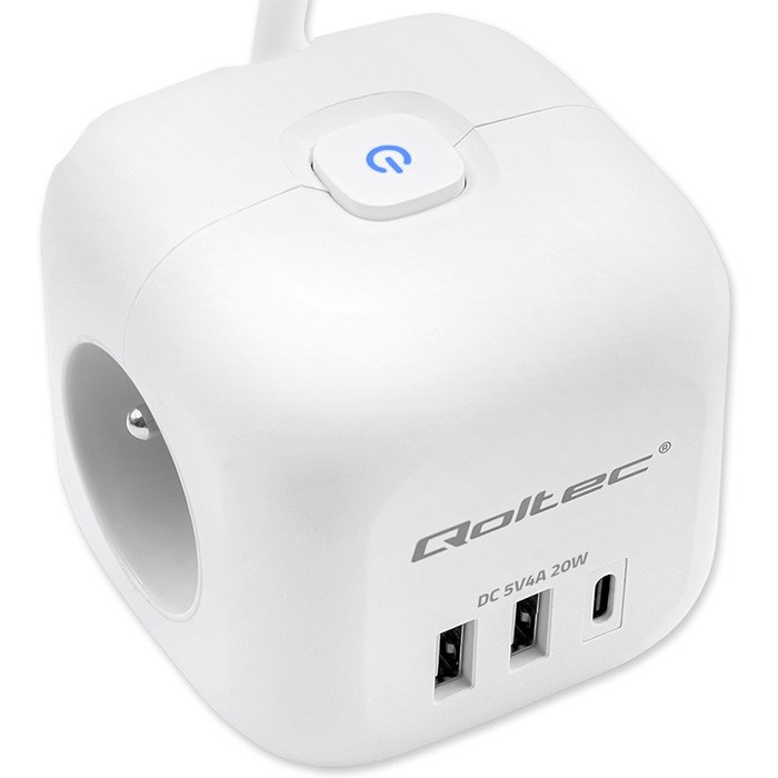 Maitinimo 6v1 prailginimo kubas su apšviestu jungikliu qoltec 3x ac 2x usb 1x usb-c pd 20w baltas kabelis 2 m