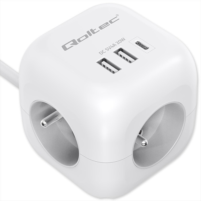 Maitinimo 6v1 prailginimo kubas su apšviestu jungikliu qoltec 3x ac 2x usb 1x usb-c pd 20w baltas kabelis 2 m