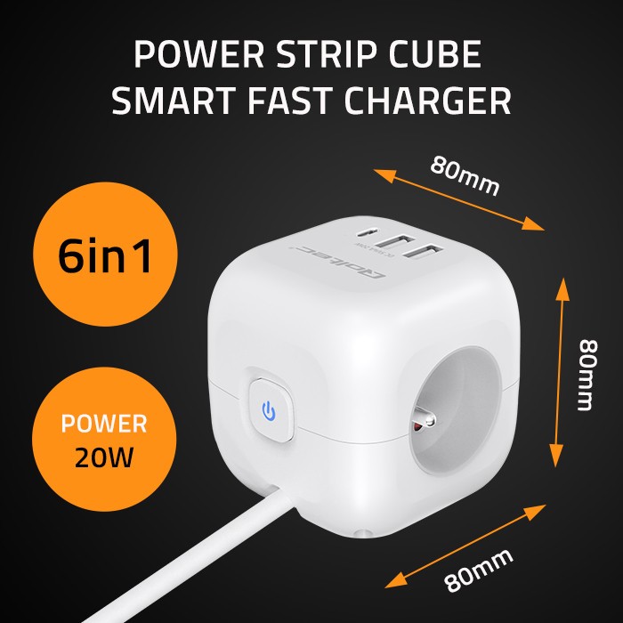Maitinimo 6v1 prailginimo kubas su apšviestu jungikliu qoltec 3x ac 2x usb 1x usb-c pd 20w baltas kabelis 2 m