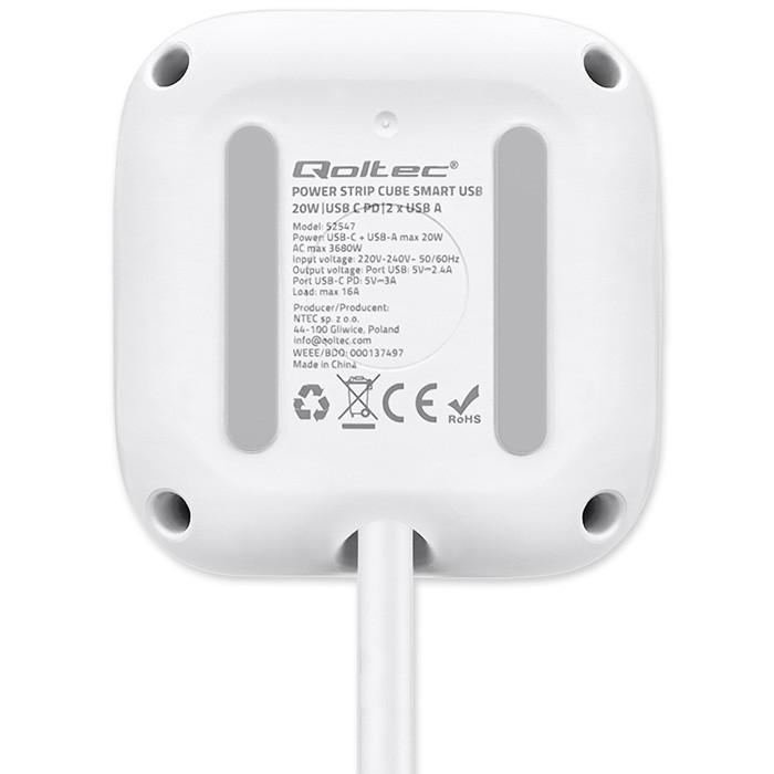 Maitinimo 6v1 prailginimo kubas su apšviestu jungikliu qoltec 3x ac 2x usb 1x usb-c pd 20w baltas kabelis 2 m