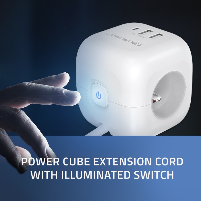 Maitinimo 6v1 prailginimo kubas su apšviestu jungikliu qoltec 3x ac 2x usb 1x usb-c pd 20w baltas kabelis 2 m