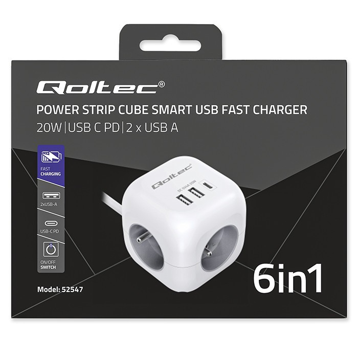 Maitinimo 6v1 prailginimo kubas su apšviestu jungikliu qoltec 3x ac 2x usb 1x usb-c pd 20w baltas kabelis 2 m