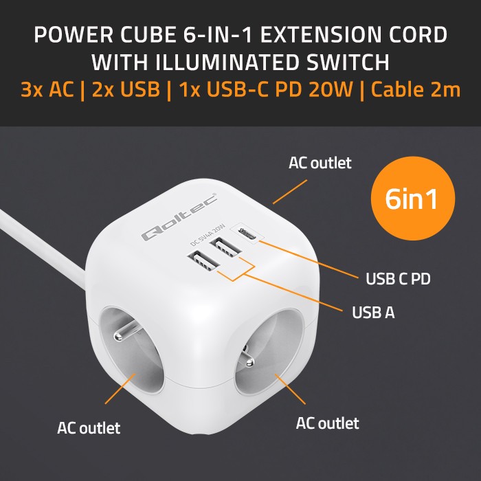 Maitinimo 6v1 prailginimo kubas su apšviestu jungikliu qoltec 3x ac 2x usb 1x usb-c pd 20w baltas kabelis 2 m