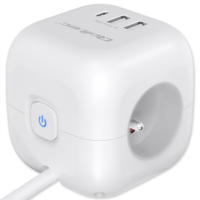 Maitinimo 6v1 prailginimo kubas su apšviestu jungikliu qoltec 3x ac 2x usb 1x usb-c pd 20w baltas kabelis 2 m