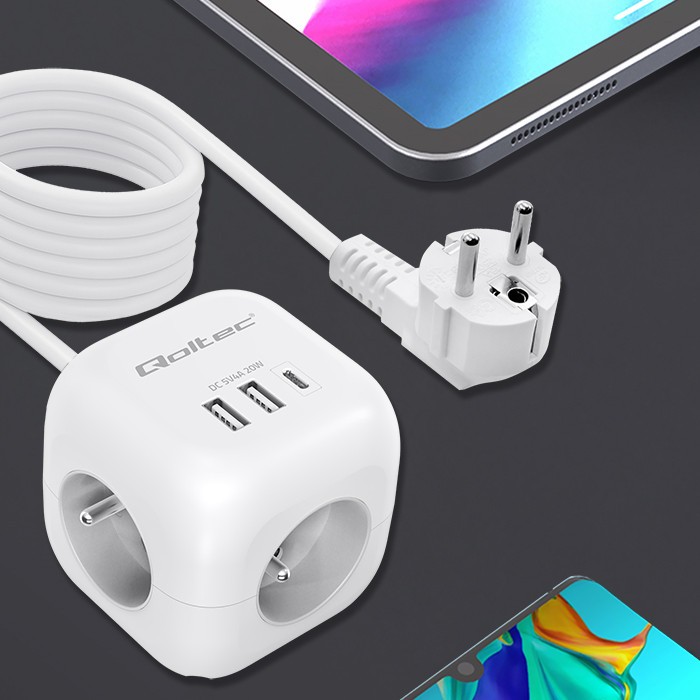 Maitinimo 6v1 prailginimo kubas su apšviestu jungikliu qoltec 3x ac 2x usb 1x usb-c pd 20w baltas kabelis 2 m