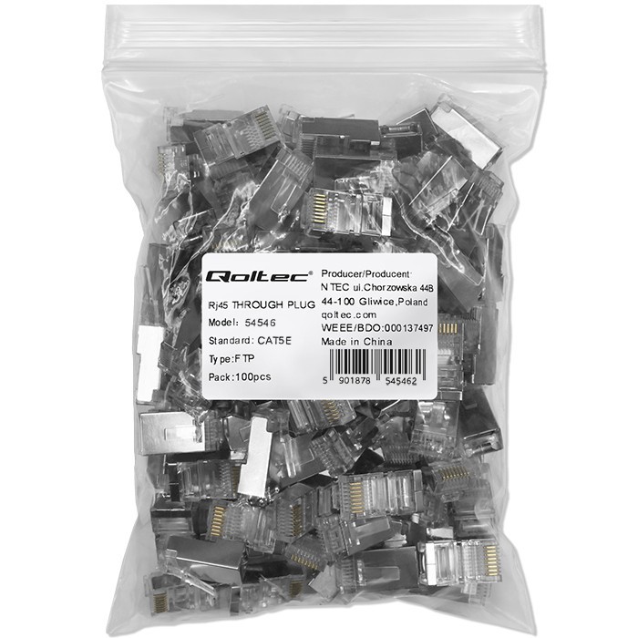 Kištukas jungtis rj45 cat5e ftp praėjimas per paauksuoti kontaktai 100 vienetų qoltec