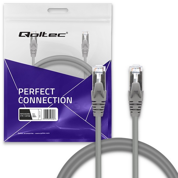 Tinklo laidas kabelis sujungimo ftp cat5e 2 x rj-45 3 m didelis greitis auksinis ekranuotas qoltec