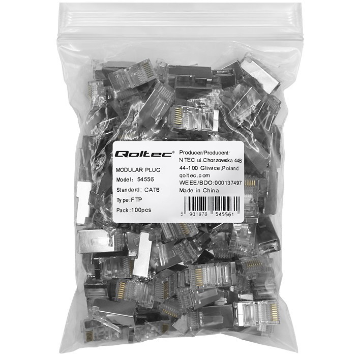 Kištukas jungtis modulinė rj45 cat6 ftp paauksuota kontaktai 100 vienetų qoltec