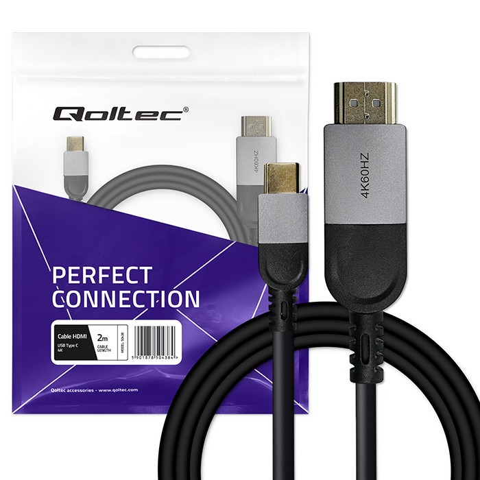 Hdmi laidas qoltec usb-c ir hdmi didelės spartos 4k 60 hz 32awg 2 m adapterio kabelis