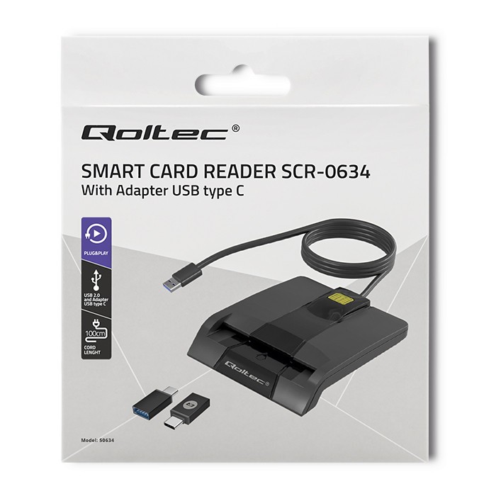 Qoltec išmanusis išmanusis id kortelių skaitytuvas, usb tipas c