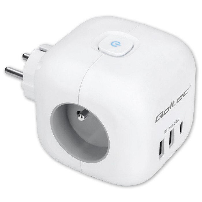 Daugiafunkcinė qoltec galios kubikė su apšviečiamu jungikliu 3x ac 2x usb 1x usb-c pd 20w balta