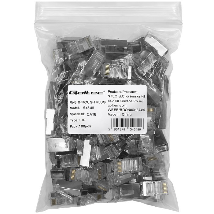 Kištukas jungtis rj45 cat6 ftp praėjimas per paauksuoti kontaktai 100 vienetų qoltec
