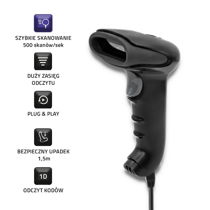 Skeneris qoltec 50866 lazerinis brūkšninių kodų skaitytuvas 1d | ccd | usb | juoda