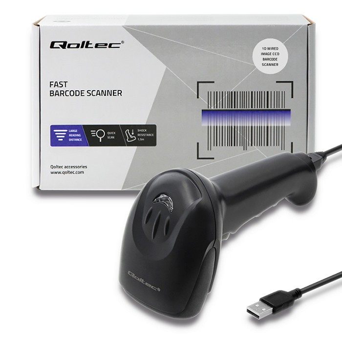 Skeneris qoltec 50866 lazerinis brūkšninių kodų skaitytuvas 1d | ccd | usb | juoda