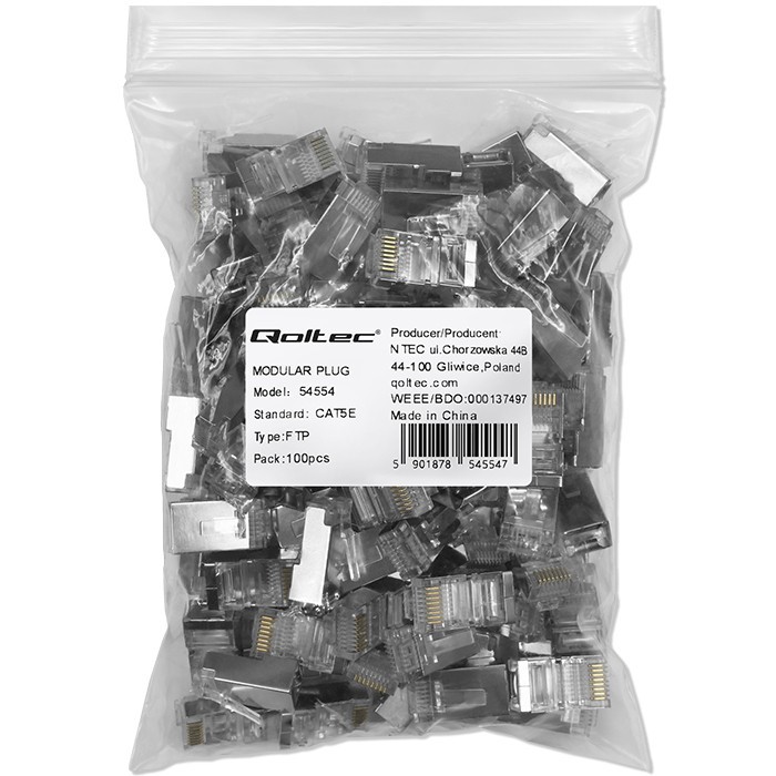 Kištukas jungtis modulinė rj45 cat5e ftp paauksuota kontaktai 100 vienetų qoltec