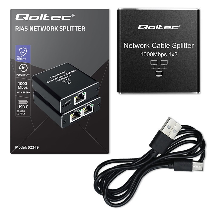Skirstytuvas skirstytuvas mini komutatorius 1x2 prievadas rj45 1000mbps usb-c aliuminis qoltec