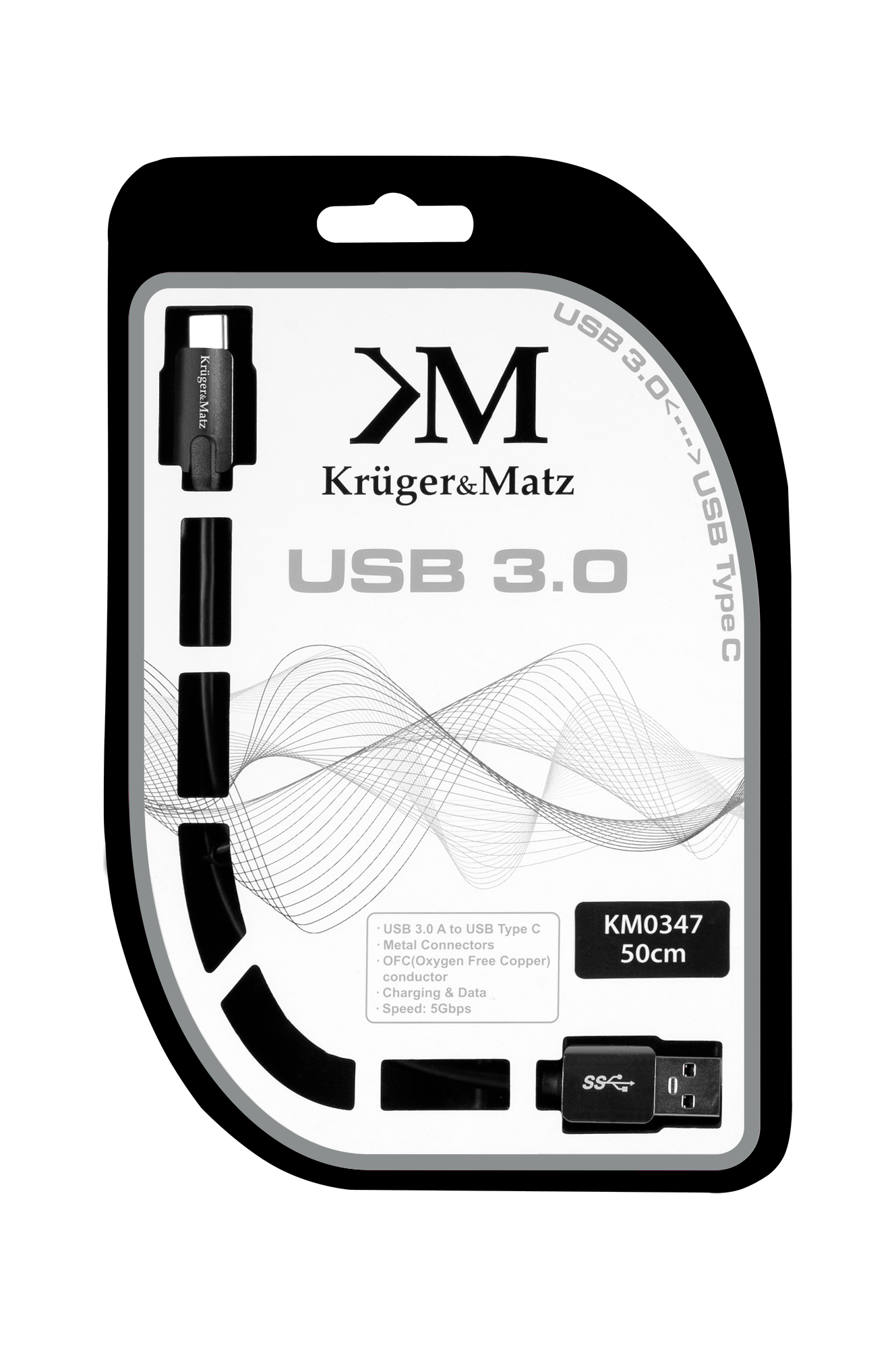 Usb kabelis 3.0 kištukas - c tipo kištukas 5 gbps 0,5 m kruger&matz