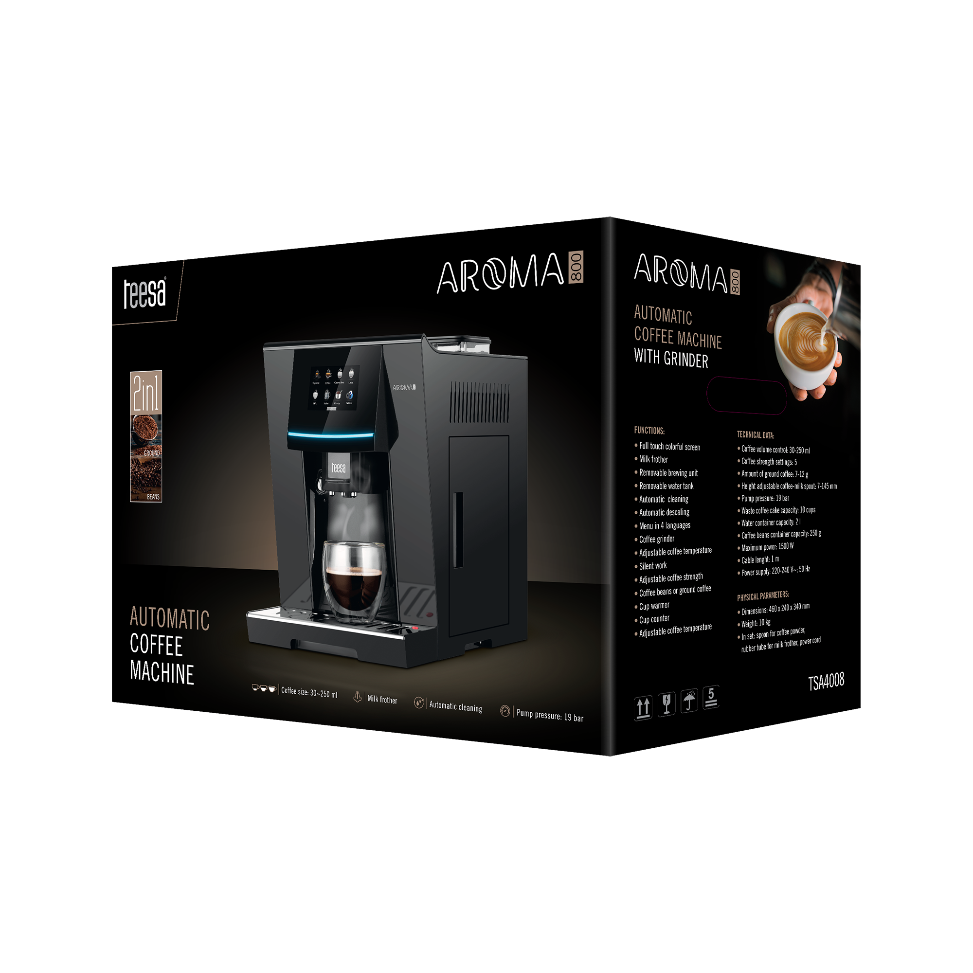 Automatinis kavos aparatas automatinis kavos aparatas su malūnėliu teesa aroma 800, Su automatiniu pieno plakimu