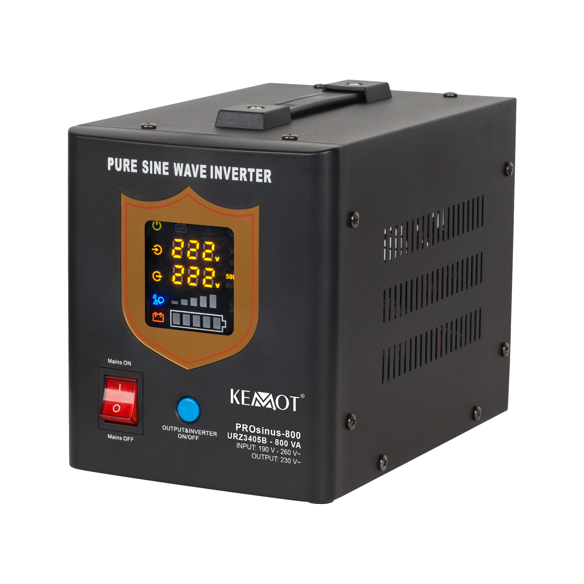 kemot ups prosinus-800 grynos sinusoidės bangos inverteris su įkrovimo funkcija 12v 230v 800va/500w - juodos spalvos