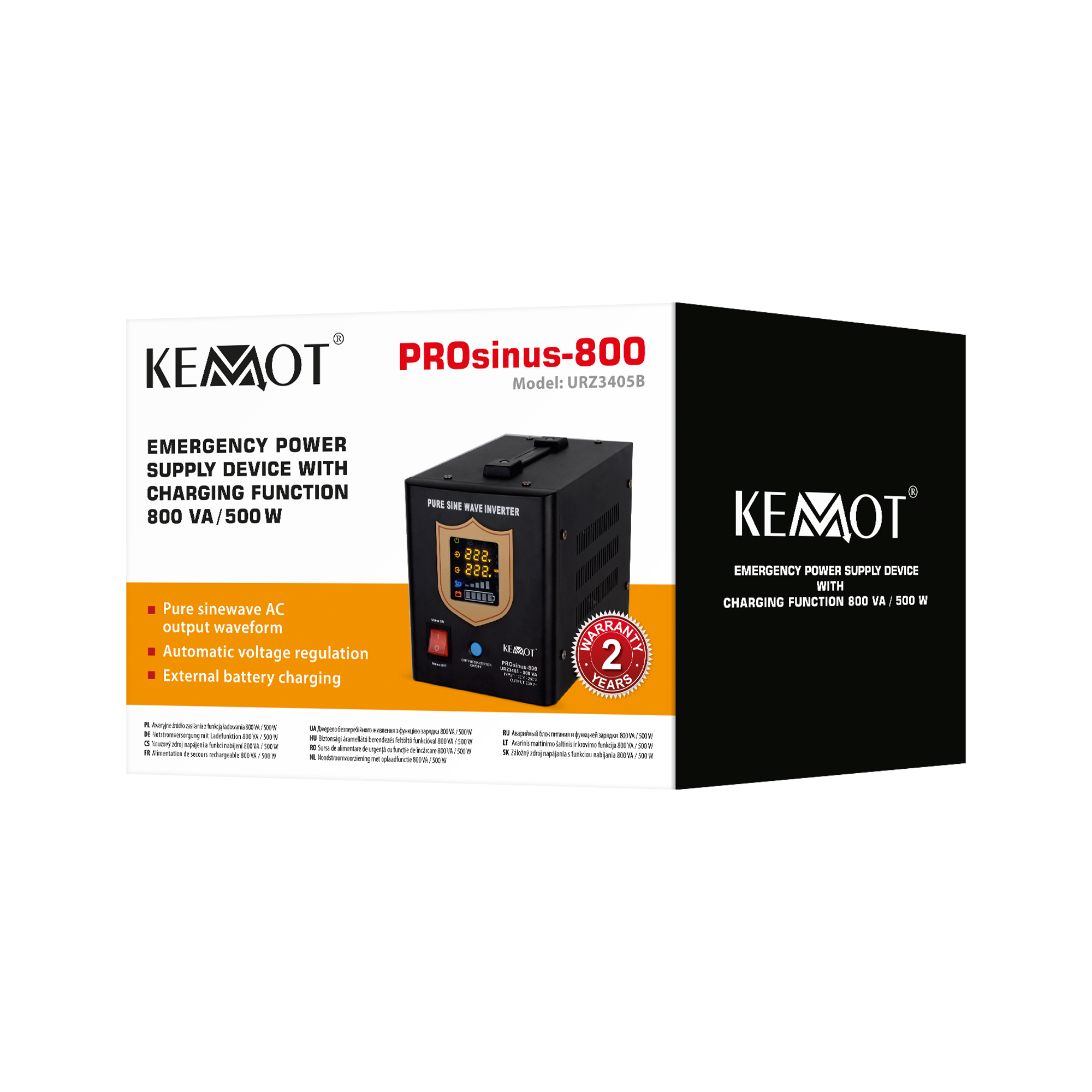 kemot ups prosinus-800 grynos sinusoidės bangos inverteris su įkrovimo funkcija 12v 230v 800va/500w - juodos spalvos