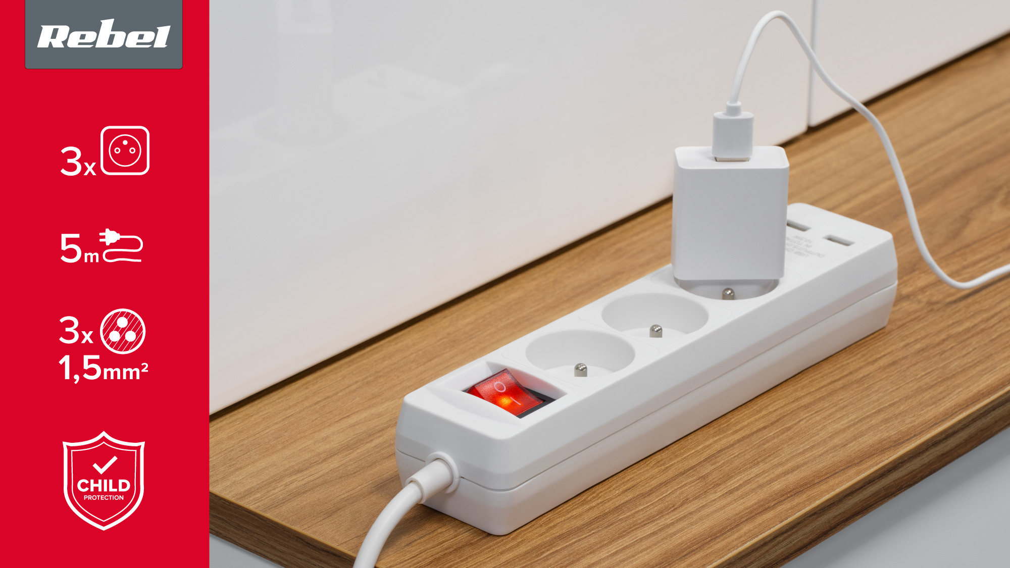 Prailgintuvas 3 lizdai + 2 usb lizdai su jungikliu - 5 m
