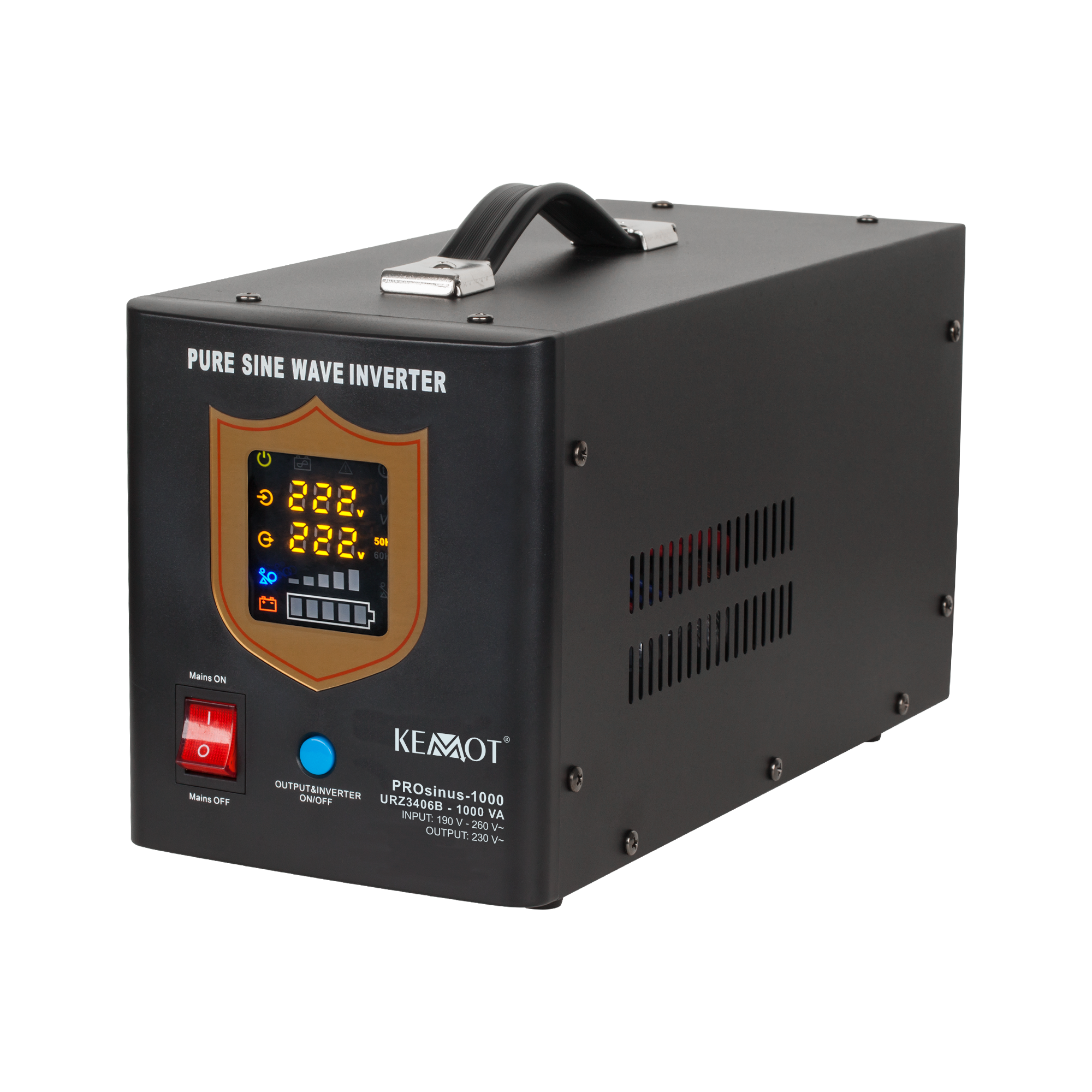 kemot ups prosinus-1000 grynos sinusoidės bangos inverteris su įkrovimo funkcija 12v 230v 1000va/700w - juodos spalvos