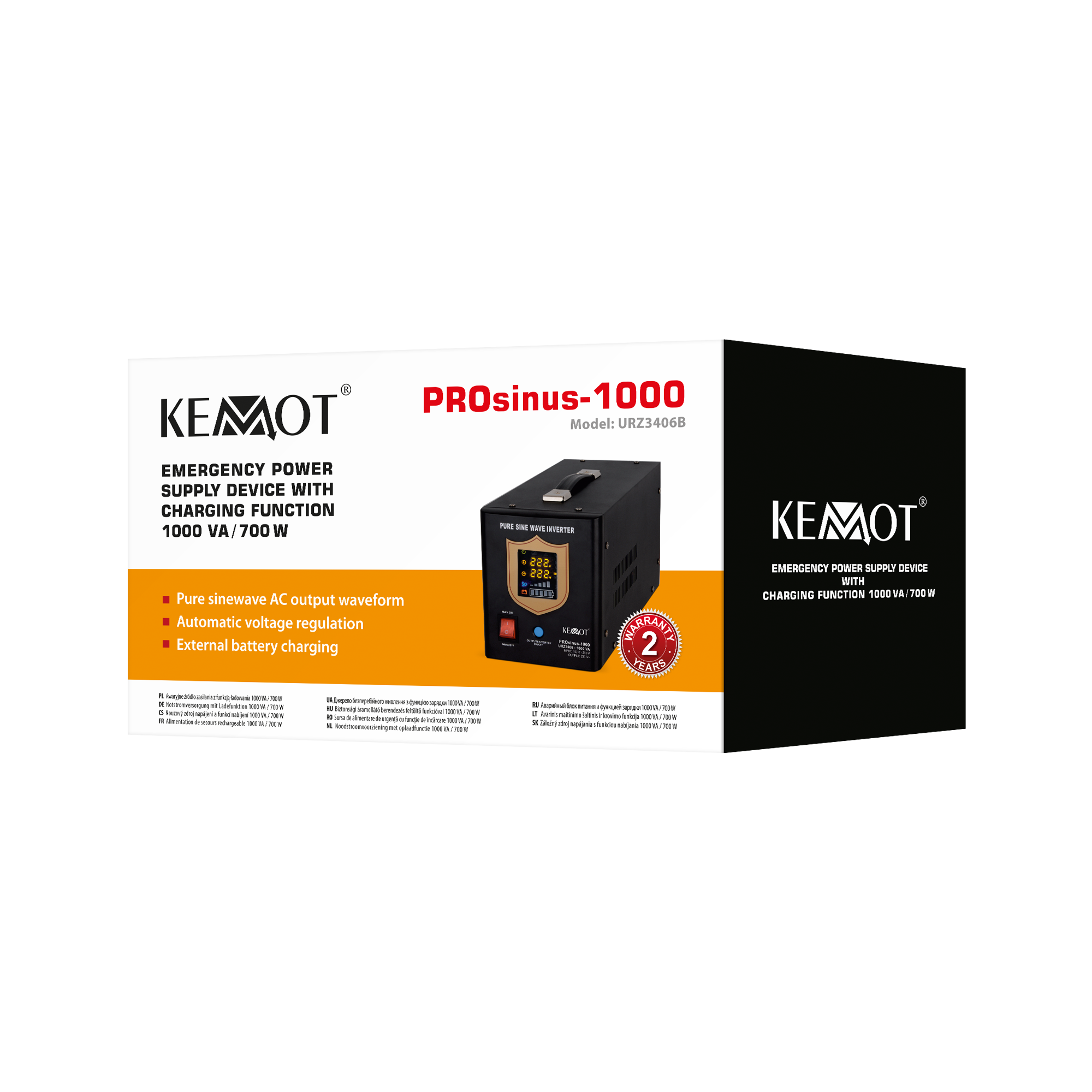 kemot ups prosinus-1000 grynos sinusoidės bangos inverteris su įkrovimo funkcija 12v 230v 1000va/700w - juodos spalvos