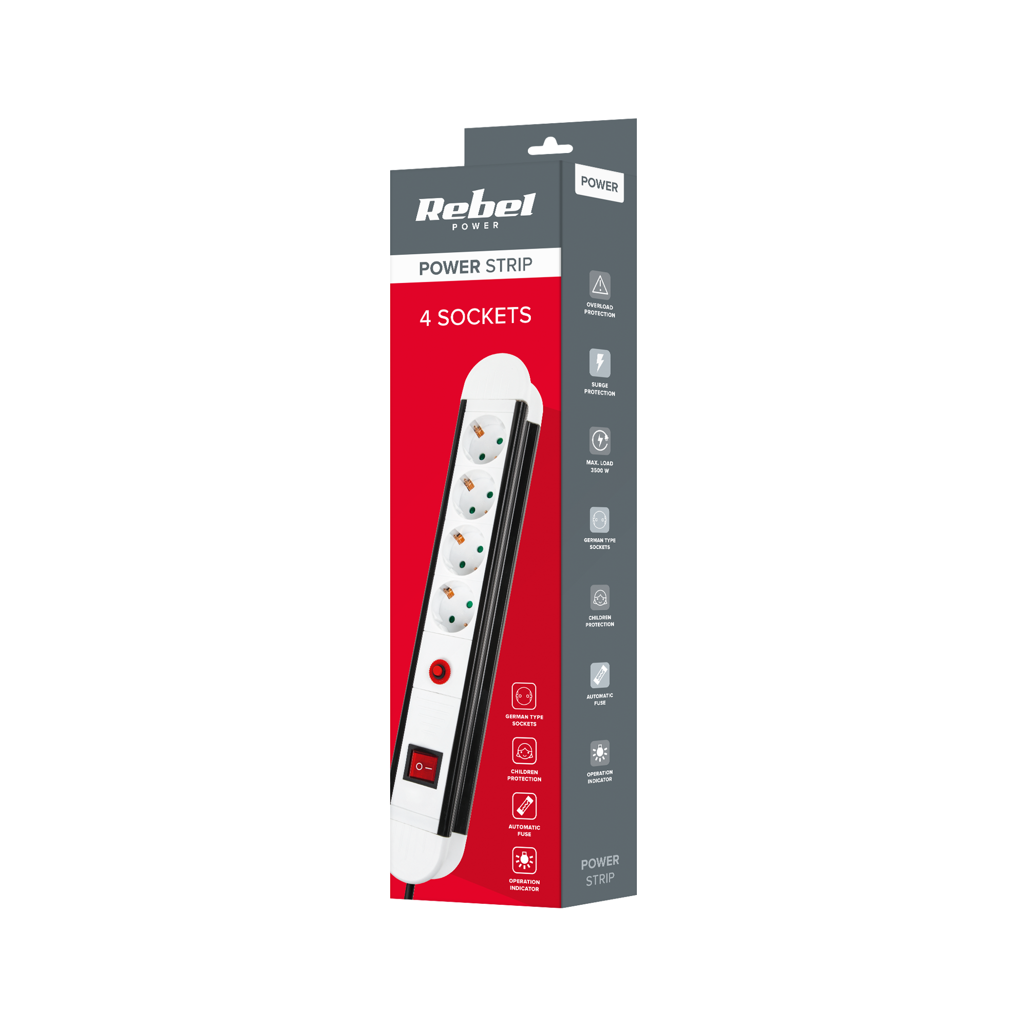 Rebel elektros tinklo ilgintuvas 4 vokiško tipo lizdai - 5m - 3x1.5mm