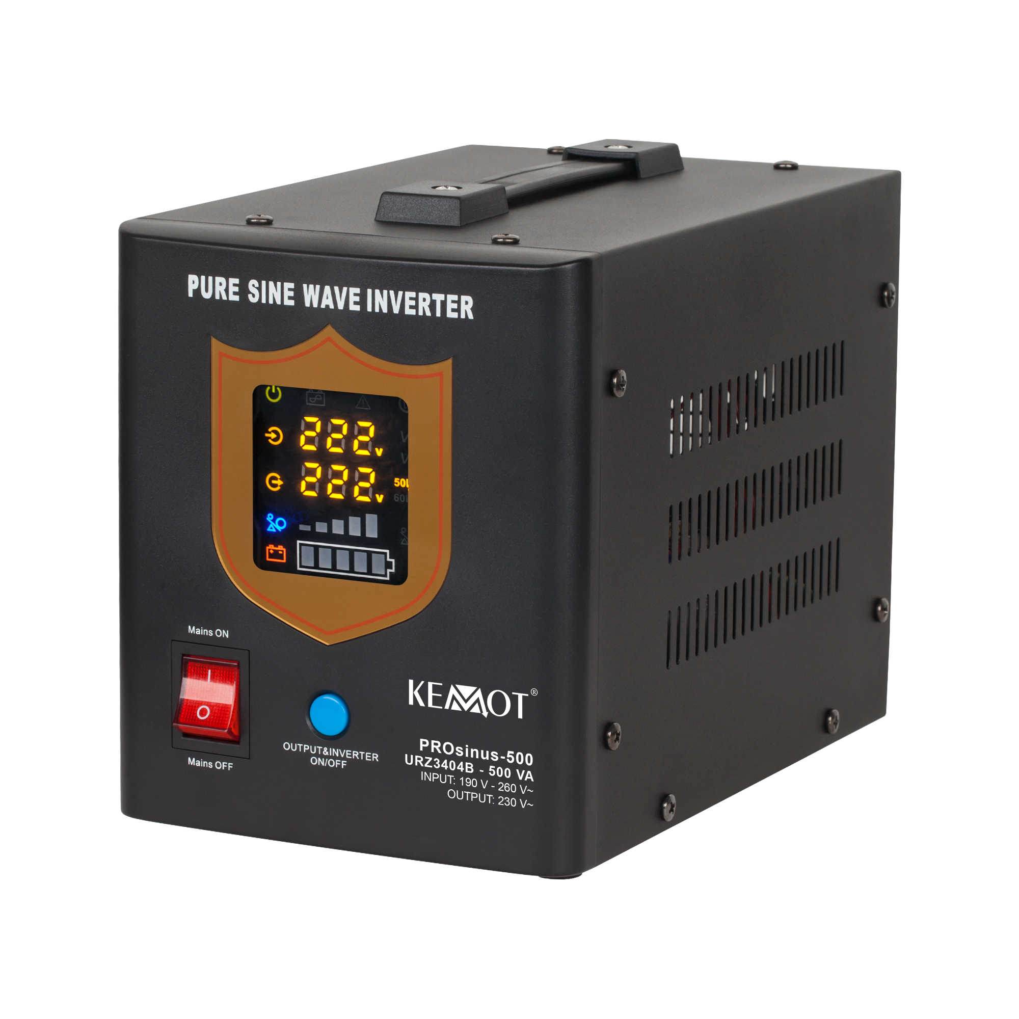 kemot ups prosinus-500 grynos sinusoidės bangos inverteris su įkrovimo funkcija 12v 230v 500va/300w - juodos spalvos