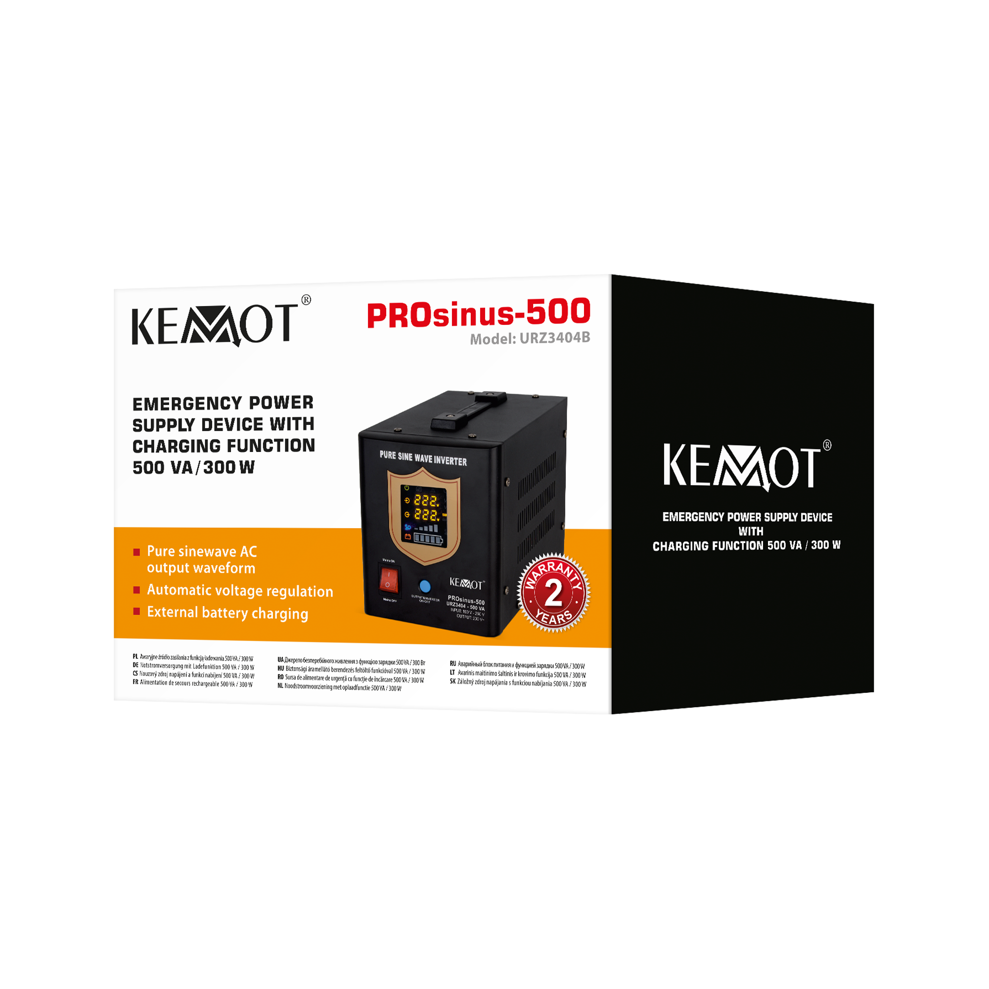 kemot ups prosinus-500 grynos sinusoidės bangos inverteris su įkrovimo funkcija 12v 230v 500va/300w - juodos spalvos