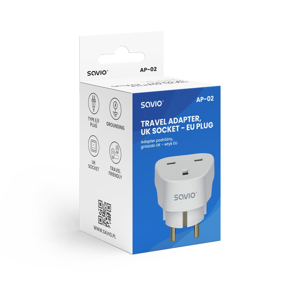 Universalus kelioninis adapteris, uk lizdas į eu kištuką, savio ap-02, baltas, įžemintas, 3250w, kompaktiškas dydis